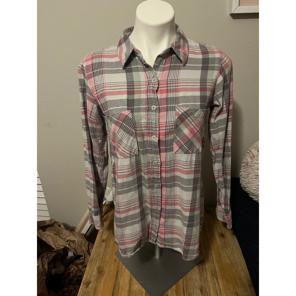 Mudd Womens Pink Grey Plaid‎ Flannel Button Down Shirt Size Medium Long Sleeve